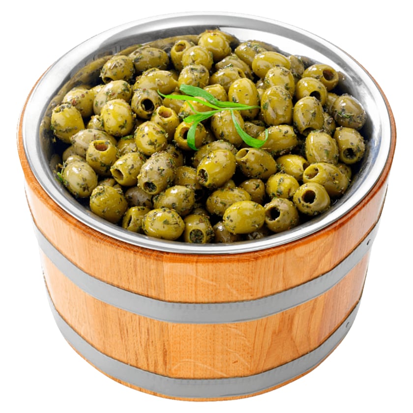 Gekräuterte grüne Oliven ohne Stein